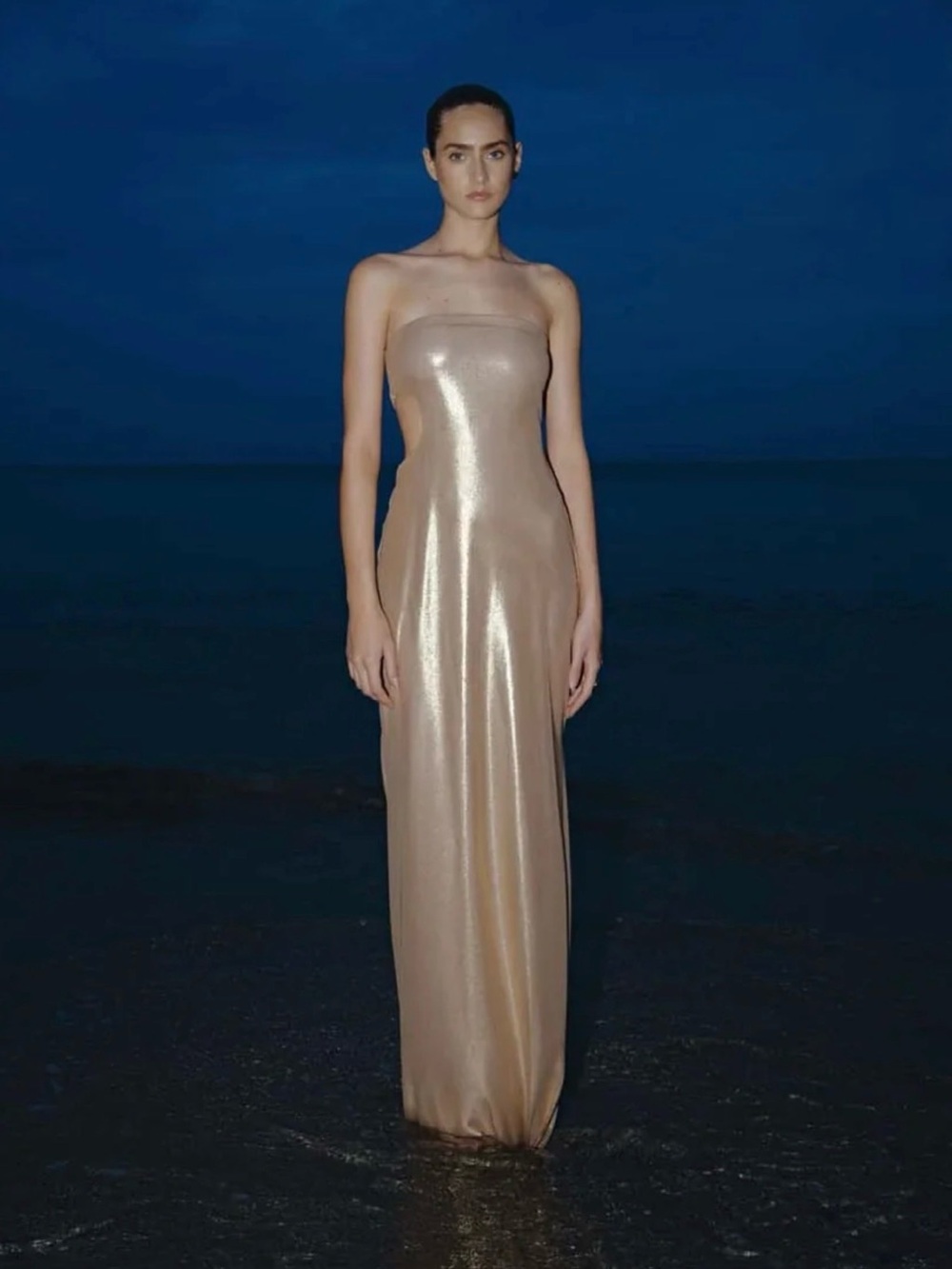Baobab Collection Strapless Metallic Nude-Gold Evening Gown